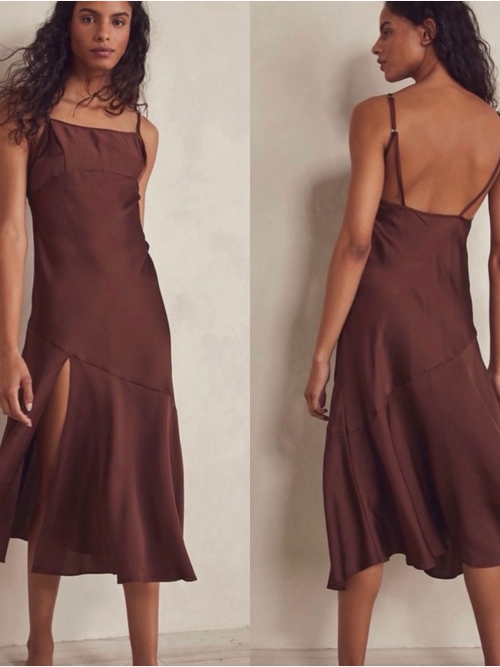 Free People Chocolate Brown Slip Maxi Dress with Flared Hem